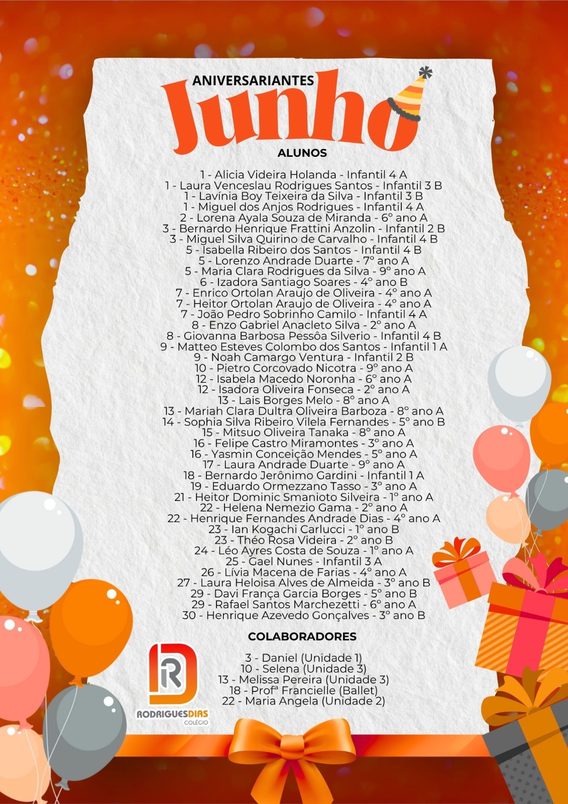Lista de aniversariantes do mês de Junho de 2026 - Colégio Rodrigues Dias